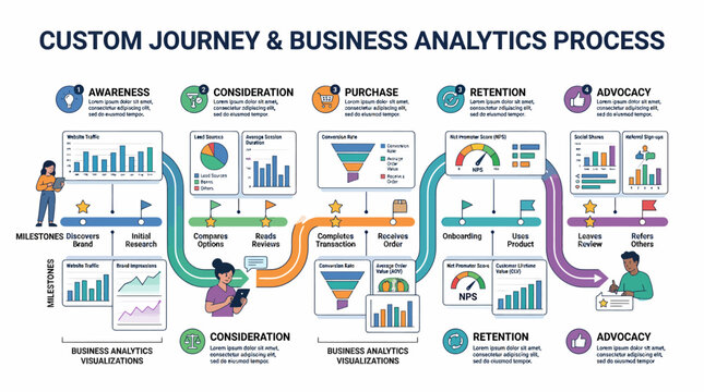 Business analytics and customer journey process infographic with data