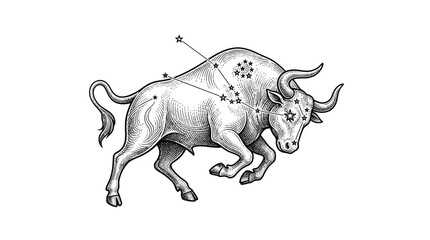 Vintage engraving of charging bull with celestial constellation © Mafaat