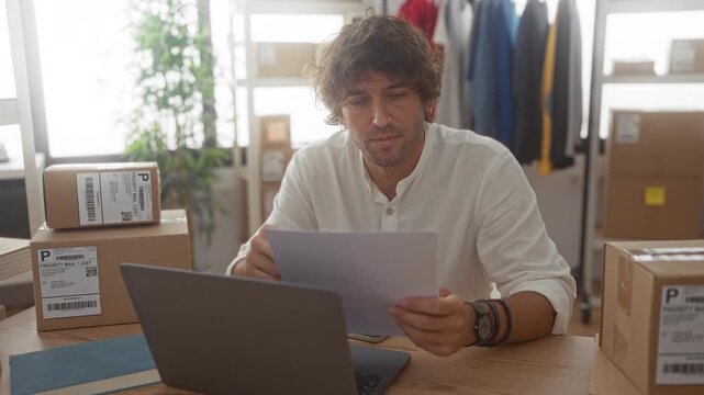 Man reading printed documents and holding a pen while seated at a laptop surrounded by shipping boxes in a building; small business frustration.