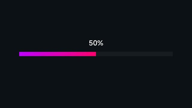 A colorful progress bar with a gradient effect shows fifty percent completion on a digital interface