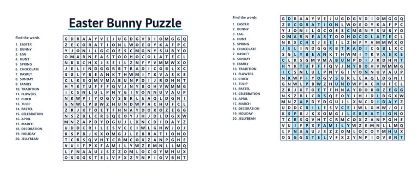 Easter bunny puzzle word search game with solved and unsolved versions for seasonal educational activity and festive holiday entertainment