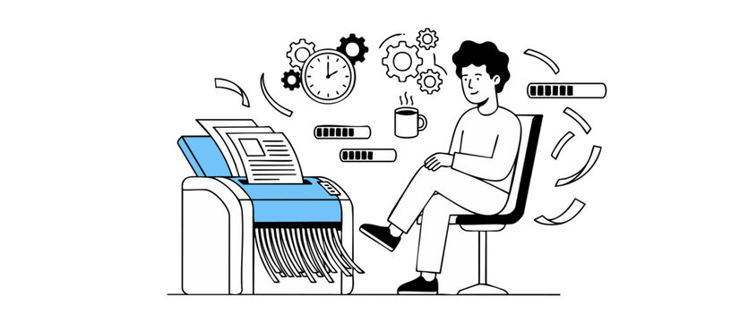 Office man shredding confidential documents while waiting patiently at work; vector line art concept of time management, data destruction, information security, procrastination, and workflow delay.