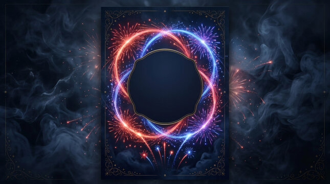 Abstract cosmic energy with glowing neon rings and fireworks