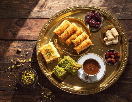 Luxury Middle Eastern Dessert Platter with Kunafa, Baklava, Arabic Coffee and Dates Flat Lay on Rustic Wooden Table