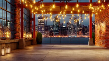 Fototapeta premium Cozy Rooftop Terrace at Night with String Lights and Cityscape View