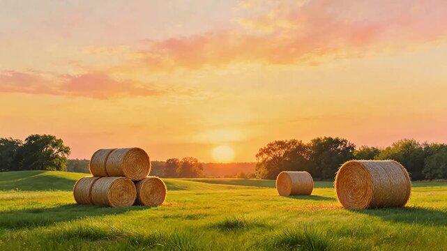 Hay bales in field at sunset