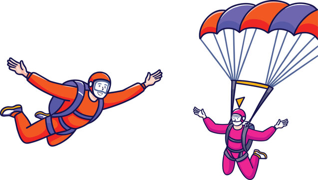 Skydiving cartoon characters flying in free fall with parachute, extreme adventure sport elements, skydiver vector illustration