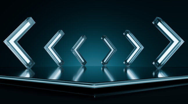 Futuristic dark blue stage podium with glowing arrow light shapes. 3D rendering