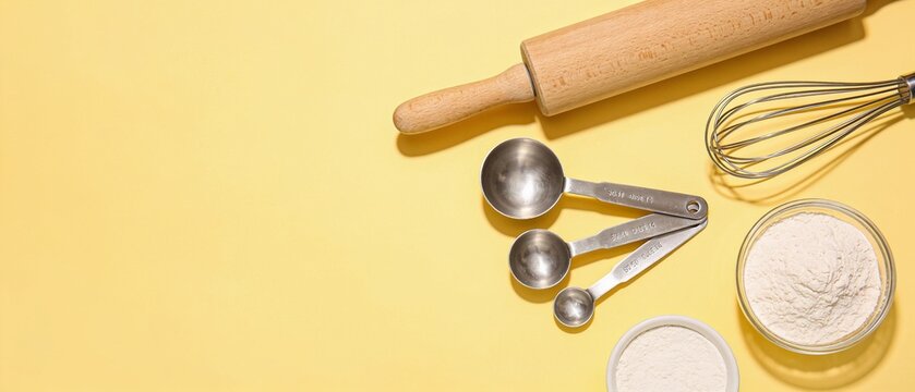 Flat lay of baking tools and ingredients on vibrant yellow background