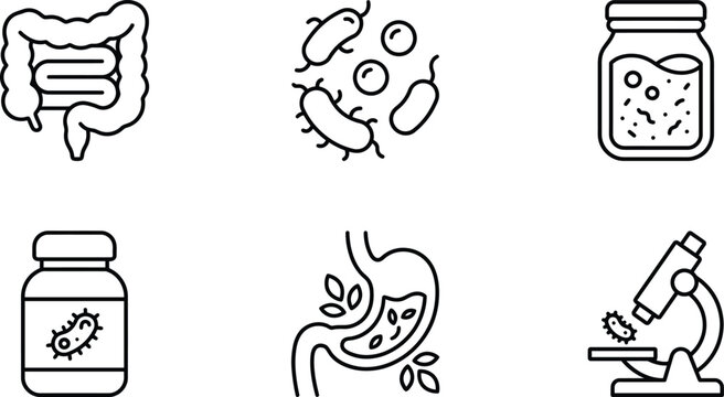 Gut health and probiotics vector icon set. Stomach digestion system and gut microbiota bacteria line art illustration.