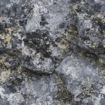 A close-up view reveals a rugged, aged granite stone surface with intricate cracks and natural lichen patterns.