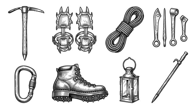 Hand-Drawn Vintage Mountaineering and Climbing Equipment Set: Vector Illustration of Ice Axe, Crampons, Rope, Carabiner, Hiking Boot, and Lantern in Engraving Style