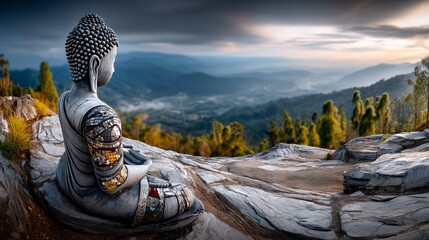 Fototapeta premium Serene Buddha Statue Overlooking Misty Jungle Mountain Summit Landscape