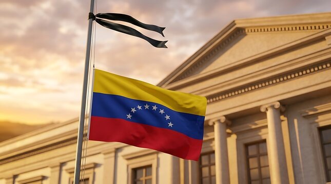 Venezuelan flag flying at half mast with black mourning ribbon outside a government building at sunset