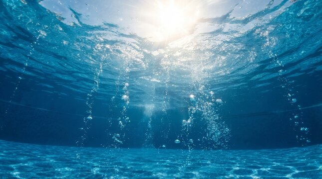 Underwater view looking up to the sunny surface of a swimming pool. Blue water with rising air bubbles on a hot summer day