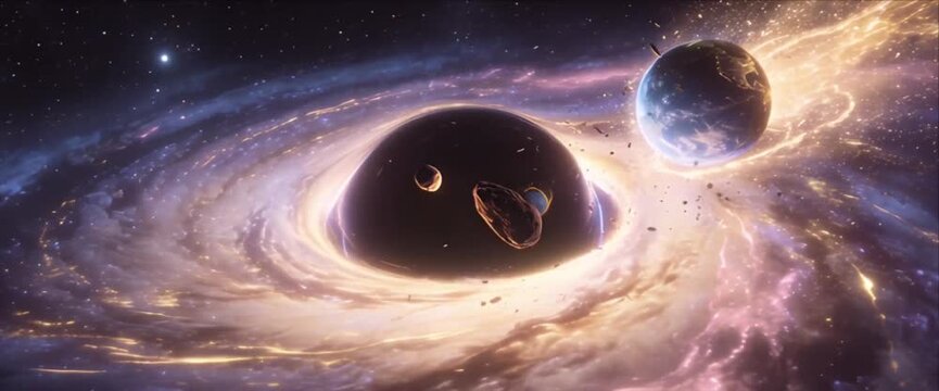 Surreal cosmic space cosmos galaxy nebula swirl glow black hole planet orbit debris asteroid collision vortex energy light dust shard fantasy scene dramatic universe event horizon gravity