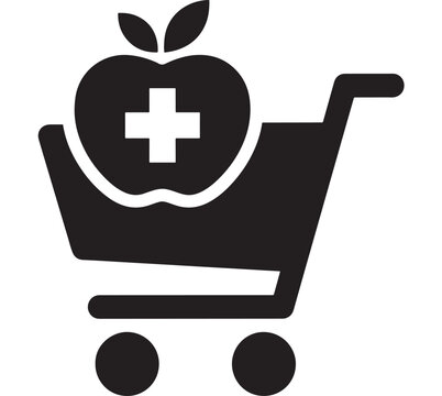 Apple Health Cross in Shopping Cart Icon, Medical Wellness Concept for Pharmacy Care and Digital Design