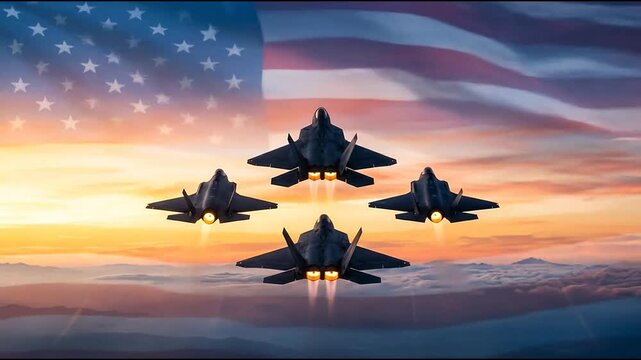 Military fighter jets flying in formation with US flag background at sunset