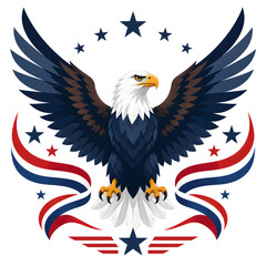 Fototapeta premium Majestic bald eagle with spread wings and patriotic stars and stripes