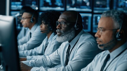 Fototapeta premium Multi ethnic air traffic control team working together at desks