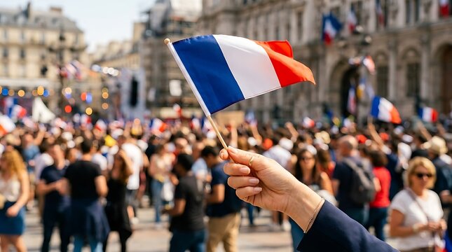 Person holding a french flag during a public celebration in a busy city square with blurred crowd