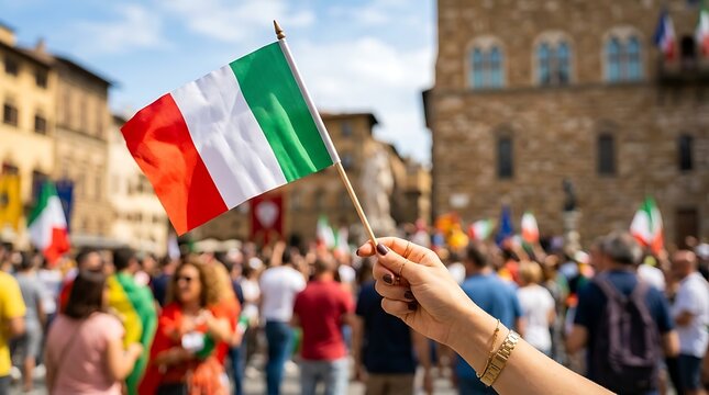 Woman holding italian flag during public celebration in historic city square with blurred crowd background