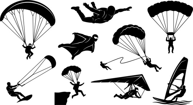Extreme Air and Water Sports Silhouette Set with Skydivers Paragliders Wingsuit Flyers Hang Gliders BASE Jumpers and Kitesurfers for Adventure Graphic Designs