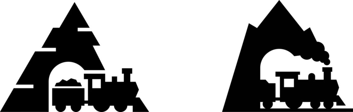 Black silhouette icons of steam trains coming out of mountain tunnels
