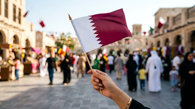 Hand holding qatar flag against blurred traditional market background for national celebration day