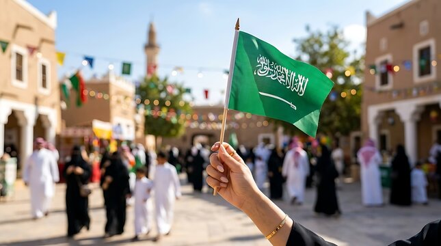 Woman holding saudi arabia national flag during a cultural celebration in a historic town square