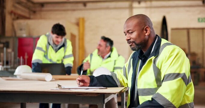 Architect, face or man in workshop with checklist, building planner or pride as contractor. Happy, portrait or mature civil engineer with clipboard, confidence or about us in construction industry.