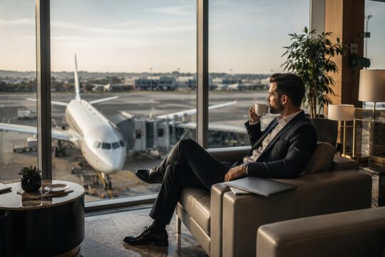 Successful businessman in a suit drinking coffee in the airport VIP lounge by a panoramic window looking at an airplane. Concept of business travel, luxury lifestyle, corporate flight and comfort