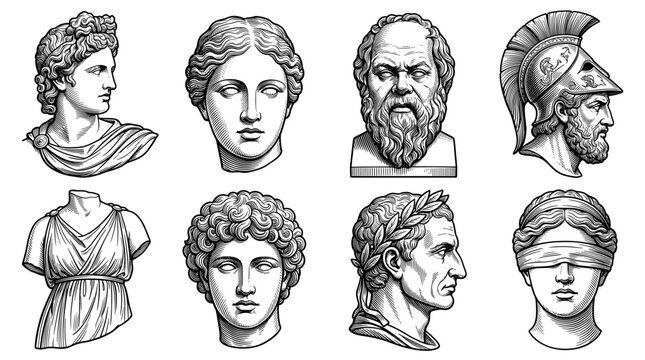 Set of Ancient Greek and Roman Statue Head Vector Illustrations, Classical Marble Bust Line Art Collection