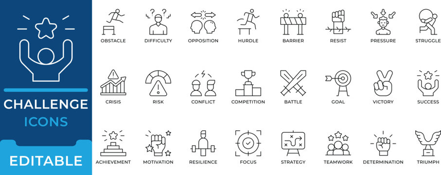 Challenge Obstacle Success Motivation Icon Set editable vectors for business strategy overcoming difficulty goal achievement and teamwork