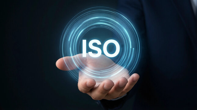 Hand presenting glowing ISO digital icon in futuristic interface for business and technology applications