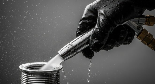 Water pouring from hose into metal container with splashes and droplets. Water flow creates dynamic environment with droplets adding visual interest to the scene.