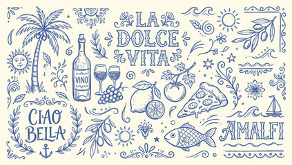 Italian themed doodles and sketches with wine fruit and coastal elements vector illustration © Jamalvect