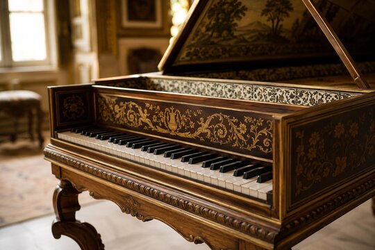 Baroque harpsichord with detailed woodwork and black and white keys.