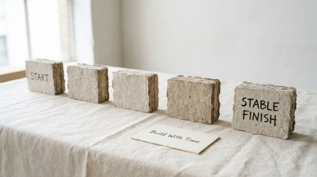 Paper bricks arranged simply on a white table with a message