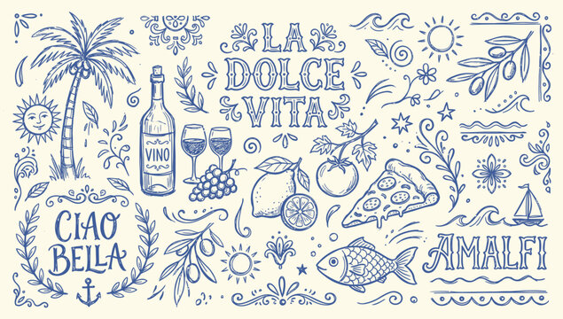 Italian themed doodles and sketches with wine fruit and coastal elements vector illustration