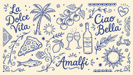 Italian doodles and lettering with food travel elements and decorative flourishes © Jamalvect