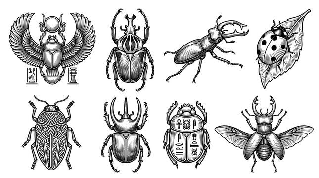 Set of Vintage Engraving Beetle Illustrations Including Egyptian Scarabs Stag Beetles and Ladybug