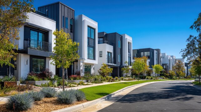 Row of Modern Luxury Townhouses with Contemporary Architectural Design in Suburbs