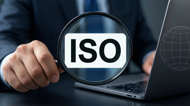 Businessman examining ISO certification with magnifying glass over laptop in modern office