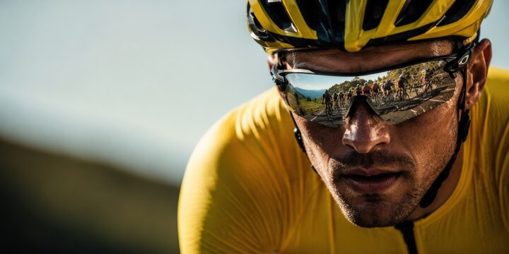 Close up portrait of a determined male cyclist in a yellow jersey and helmet. His reflective sunglasses capture a sharp reflection of the racing peloton group on a mountain road at sunset