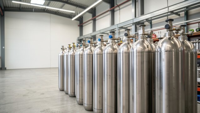 industrial gas cylinders lined up in a clean warehouse setting for b2b manufacturing website background mockup