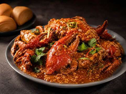  Cangrejos cocinados cubiertos con una intensa salsa roja de textura espesa, acompa&ntilde;ados de hierbas verdes y presentados en una fuente oscura con panecillos al fondo.