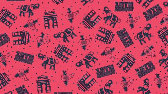 4K looping background featuring a seamless pattern of dark teal Indian monuments, elephants, maps, and "15th August" text on a pink backdrop. Ideal for national day event screens and patriotic videos.