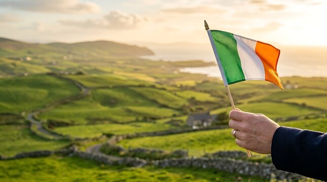 Hand holding an irish flag over a lush green coastal landscape at sunset with rolling hills in ireland