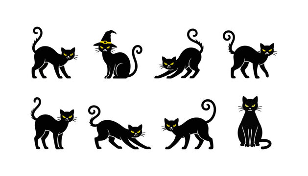 Black cat vector icons set, flat cartoon silhouettes with yellow eyes for Halloween and animal design